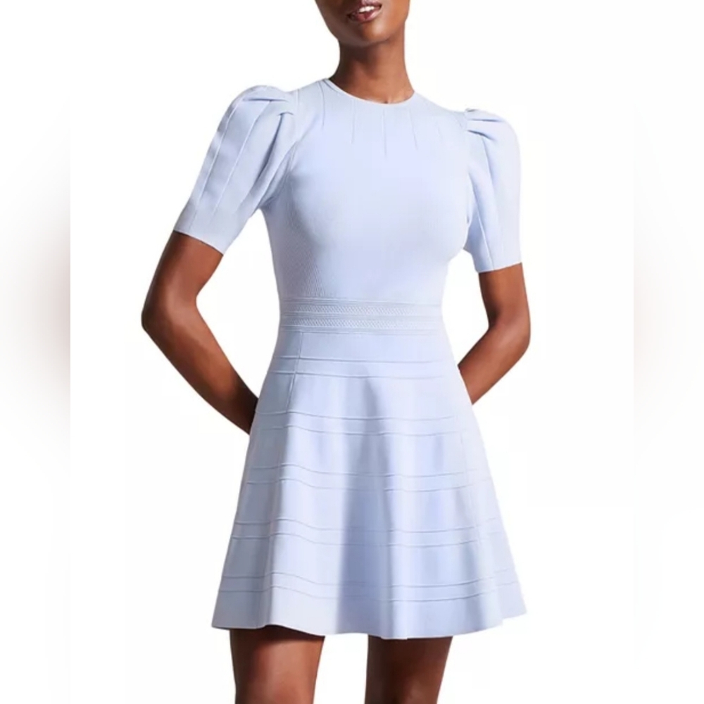 NWT Ted Baker Velvey Puff Sleeve Knit Dress: Lt Blue: Size 6 (US 12-14)